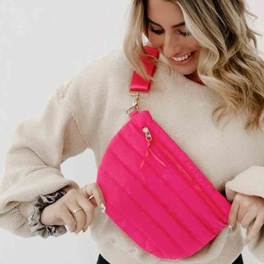 Fuchsia Quilted Puffer Sling Bag Convertible Belt Bag Crossbody